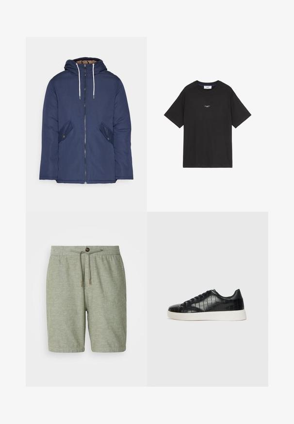 Jūrinė mėlyna pūkinė striukė su kapišonu, turinti priekinį užtrauktuką, dvi šonines kišenes su sagomis ir baltus raiščius.; Juodas medvilninis marškinėliai su apvaliu kaklu ir trumpomis rankovėmis. Priekyje yra mažas baltas logotipo detalizavimas. Paprastas dizainas, laisvos formos.; Šviesiai žali šortai, pagaminti iš tekstūruotos medžiagos, su elastingu juosmeniu, raišteliu ir vienu mygtuko uždarymo detalė.; Juodi sportiniai batai su tekstūruotu krokodilo odos pamušalu, apvalia kojų dalimi ir kontrastinga balta guma su lygiu paviršiumi.