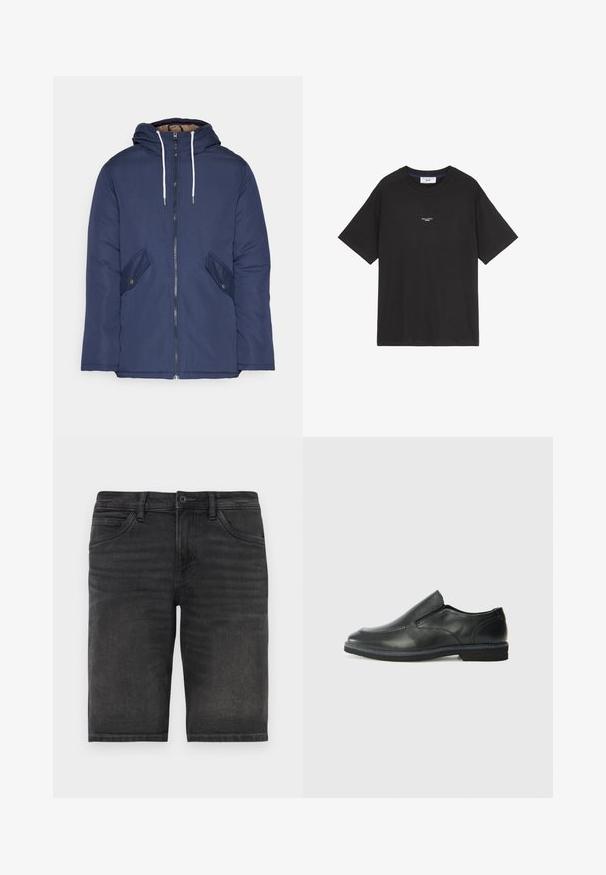 Marineblau gepadded Jacke mit Kapuze, ausgestattet mit einem Reißverschluss vorne, zwei seitlichen Taschen mit Knöpfen und weißen Kordeln.; Schwarzes Baumwoll-T-Shirt mit Rundhalsausschnitt und kurzen Ärmeln. Verfügt über ein kleines weißes Logo-Detail auf der Vorderseite. Einfaches Design, lockere Passform.; Schwarze Denim-Shorts mit geradem Schnitt, fünf Taschen und Knopfverschluss. Sie haben eine leichte Ausbleichung und eine robuste Stofftextur.; Schwarze Leder-Slipper mit glattem Obermaterial, gesteppten Akzenten, runder Zehenpartie und niedrigem Gummiabsatz. Die Sohle hat ein minimales Profil.