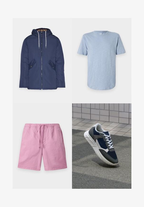 Marineblå polstret jakke med hette, med glidelås foran, to sidelommer med knapper og hvite snorer.; Lyseblå kortermet T-skjorte laget av myk stoff, med rund hals og rett nederkant med en subtil tekstur.; Lyserosa shorts laget av et mykt materiale, med elastisk midje og snøring, samt sidelommer. Rett ben, ingen mønstre.; Sneakers med en navy blå mesh-overdel, grå sømværk, hvit gummisåle og flate hvite snører, designet for komfort og pusteevne.