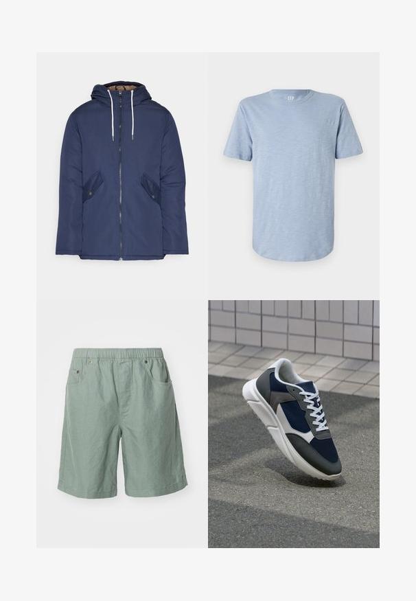 Jūras zila pufīgā jaka ar kapuci, kas aprīkota ar priekšējo rāvējslēdzēju, divām sānu kabatām ar pogām un baltiem aukliņām.; Gai zils īsām piedurknēm T-krekls, kas izgatavots no mīkstas auduma, ar apļa izgriezumu un taisnu apakšmalu ar smalku tekstūru.; Gaiši zaļas šorti, kas izgatavoti no teksturēta auduma ar elastīgu jostu, piedāvā divas sānu kabatas un minimālas šuvju detaļas.; Sporta apavi ar tumši zilas krāsas tīkla augšdaļu, pelēku zamšādas akcentiem, baltu gumijas zoli un plakaniem baltiem šņorēm, kas izstrādāti komfortam un elpojamībai.