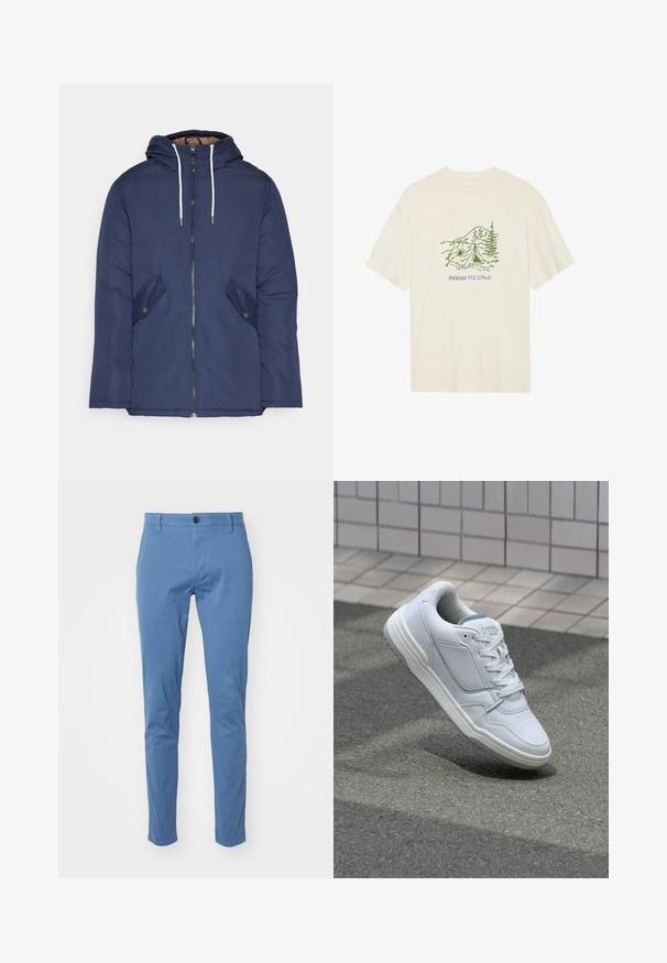 Sötétkék bélelt dzseki kapucnival, elülső cipzárral, két oldalsó zsebbel gombokkal és fehér húzózsinórokkal.; Krém színű pamut póló rövid ujjal, zöld kemping témájú grafikával és "PHOENIX 112.0740" felirattal.; DOCKERS SMART SUPREME FLEX SKINNY - Vászonnadrágok - bluefin; Fehér bőr sneaker perforált oldalakkal, texturált részletekkel, lapos fűzőkkel és kontrasztos szürke sarokkal. Enyhén megemelt talppal rendelkezik.