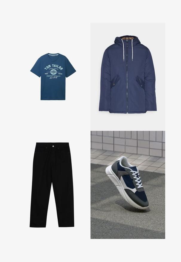 Jūras zila pufīgā jaka ar kapuci, kas aprīkota ar priekšējo rāvējslēdzēju, divām sānu kabatām ar pogām un baltiem aukliņām.; Jūras zilas kokvilnas T-krekls ar priekšējo grafisko tekstu, apaļu kakla izgriezumu, īsām piedurknēm un brīvu piegriezumu. Ideāli piemērots ikdienas valkāšanai.; Melni džinsi ar taisnu kāju griezumu, piecu kabatu dizainu un priekšēju pogu aizdari. Gluda tekstūra ar minimālu šuvju detaļu skaitu.; Sporta apavi ar tumši zilas krāsas tīkla augšdaļu, pelēku zamšādas akcentiem, baltu gumijas zoli un plakaniem baltiem šņorēm, kas izstrādāti komfortam un elpojamībai.
