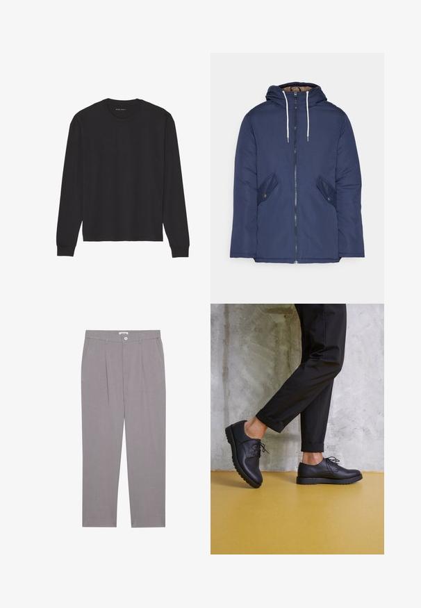 Navy blue padded jacket with a hood, featuring a front zipper, two side pockets with buttons, and white drawstrings.; Black long-sleeve t-shirt made from soft cotton. Features a crew neckline and ribbed cuffs, with a relaxed fit and no patterns or graphics.; Grey tailored trousers with a straight cut, featuring two front pockets, pleats, and a button closure. Made from lightweight fabric.; Black leather lace-up shoes with a rounded toe, textured surface, and thick rubber sole. Worn with rolled black trousers against a concrete background.