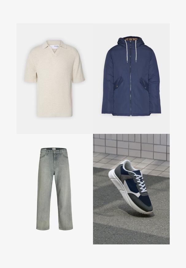 Tumesinine vahtkatseline jakk, millel on kapuuts, esilukk, kaks küljetaskut nupuga ja valged tõmblukud.; Lühikeste varrukatega, kreemjas värvi kootud polo, millel on V-kaelus, tekstuuriga muster ja soonikupid. Kerge ja hingav materjal.; Heledad hallhallid, laia lõikega denimist teksased. Omavad klassikalist viie tasku disaini, vööloopse ja sirget säärelõiget.; Sneaker, mille sinine võrkkangas, hallid nubukdetailid, valge kummitald ja lamedad valged paelad, disainitud mugavuseks ja hingavuseks.