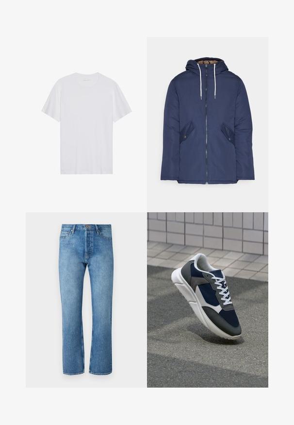 Marineblauwe gewatteerde jas met een capuchon, voorzien van een rits aan de voorkant, twee zijzakken met knopen en witte trekkoorden.; Witte katoenen T-shirt met korte mouwen, een ronde hals en een gladde textuur. Heeft minimale branding op de halslijn.; Lichtblauwe denimjeans met een recht model, voorzien van een klassieke vijf-pocketontwerp, een knoopsluiting en contrasterende stiksels.; Sneaker met een marineblauwe mesh bovenwerk, grijze suède accenten, witte rubberen zool en platte witte veters, ontworpen voor comfort en ademend vermogen.