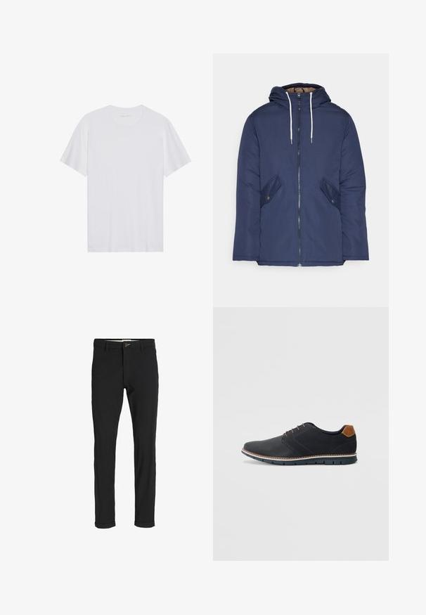 Marineblau gepadded Jacke mit Kapuze, ausgestattet mit einem Reißverschluss vorne, zwei seitlichen Taschen mit Knöpfen und weißen Kordeln.; Weißes Baumwoll-T-Shirt mit kurzen Ärmeln, Rundhalsausschnitt und glatter Textur. Verfügt über eine minimale Markenkennzeichnung am Halsausschnitt.; Schwarze Baumwollmischungshose mit schmalem Schnitt, gekennzeichnet durch einen Knopfverschluss, Taschen und umgeschlagenen Säumen für einen lässigen Abschluss.; Schwarze synthetische Schuhe mit einer strukturierten Oberseite, glatten Akzenten, braunem Absatz und einer kontrastierenden Sohle. Verfügt über minimale Schnürung und Nähdetails.