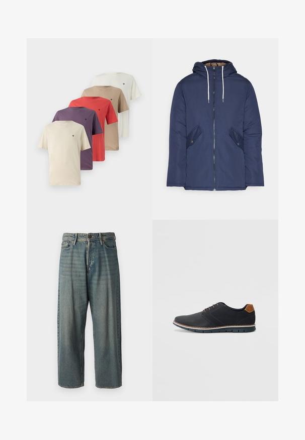 Casaco acolchoado azul-marinho com capuz, apresentando um fecho frontal com zíper, dois bolsos laterais com botões e cordões brancos.; Conjunto de cinco t-shirts de manga curta em bege, roxo, vermelho, castanho e branco, com um pequeno logotipo no lado esquerdo do peito. Fabricadas em algodão, com decote redondo.; Jeans de ganga azul claro com um corte solto, cintura média e pernas retas. Apresenta cinco bolsos, passadores de cinto e fecho com botão.; Sapatos sintéticos pretos com um upper texturizado, pormenores lisos, salto castanho e uma sola contrastante. Apresentam um sistema de atacadores mínimo e detalhes de costura.