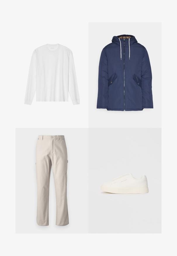 Marineblau gepadded Jacke mit Kapuze, ausgestattet mit einem Reißverschluss vorne, zwei seitlichen Taschen mit Knöpfen und weißen Kordeln.; Langärmliges weißes Baumwoll-T-Shirt mit Rundhalsausschnitt und gerippten Bündchen. Einfaches, ungeschmücktes Design mit glatter Textur und normaler Passform.; Beige Cargo-Hosen aus robuster Baumwolle mit geraden Beinen, vorderem Knopfverschluss und Seitentaschen für praktische Nutzung. Glatte Textur mit feinen Nähten.; Weiße Slip-On-Sneaker mit einer strukturierten Oberfläche, dicker Sohle und minimalistischem Design. Mit Logo der Marke an der Seite.
