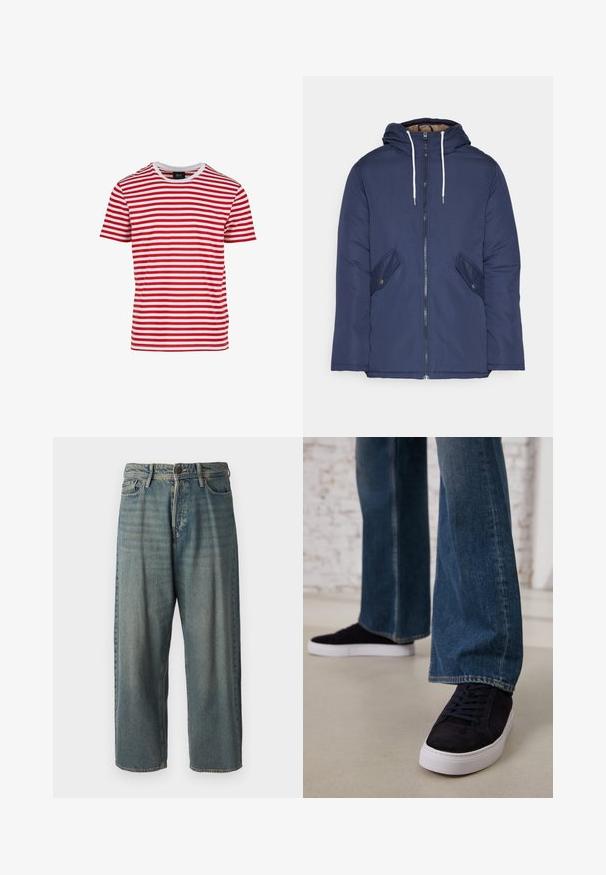 Jūrinė mėlyna pūkinė striukė su kapišonu, turinti priekinį užtrauktuką, dvi šonines kišenes su sagomis ir baltus raiščius.; Raudona ir balta dryžuota trumpomis rankovėmis marškinėliai su apvalia iškirpte, pagaminti iš lygaus audinio. Savybės: vienodi horizontalūs dryžiai.; Šviesiai mėlyni džinsai su laisvu siluetu, vidutinio aukščio juosmeniu ir tiesiomis kojomis. Su penkiais kišenėmis, diržo kilpo ir mygtukų uždarymu.; Tamsiai mėlyni zomšiniai sportbačiai su baltu guminio padu ir raišteliais, derinami su plačiomis džinsinėmis kelnėmis vidutinio mėlynumo skalbimo.