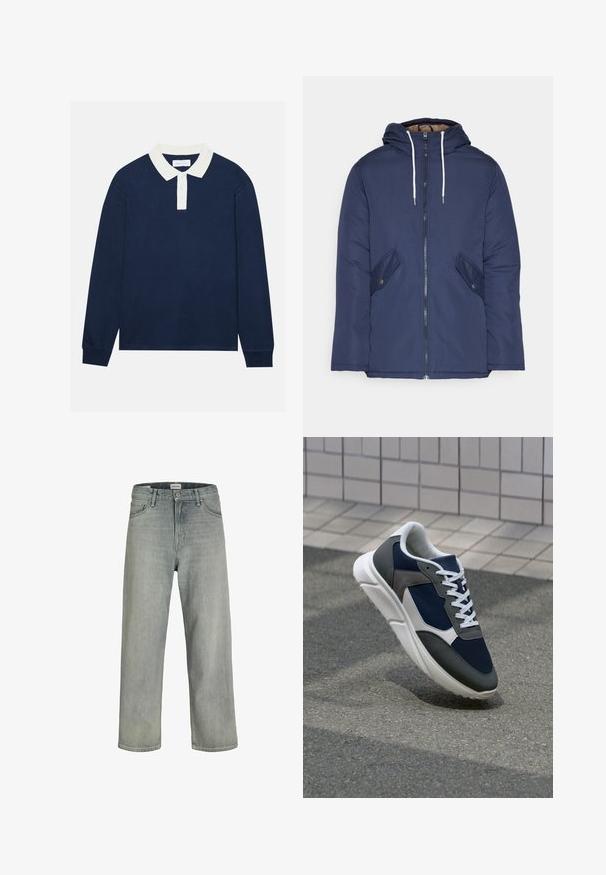 Jūras zila pufīgā jaka ar kapuci, kas aprīkota ar priekšējo rāvējslēdzēju, divām sānu kabatām ar pogām un baltiem aukliņām.; Jūras spēku tumši zila gara piedurkne polo krekls ar baltu ribotu apkakli un trim pogām. Mīksta tekstūra, taisna apakša un ribotas piedurknes.; Gai pelēki, brīvi pieguļoši džinsi no denima. Iekļauj klasisku piecu kabatu dizainu, jostas cilpas un taisnu kāju siluetu.; Sporta apavi ar tumši zilas krāsas tīkla augšdaļu, pelēku zamšādas akcentiem, baltu gumijas zoli un plakaniem baltiem šņorēm, kas izstrādāti komfortam un elpojamībai.