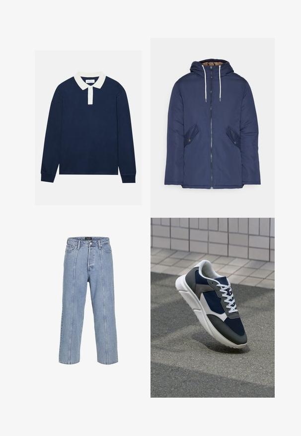 Marineblå polstret jakke med hette, med glidelås foran, to sidelommer med knapper og hvite snorer.; Marineblå langermet poloskjorte med hvit ribbestrikket krage og placket med tre knapper. Myk tekstur, rettskåret nederkant og ribbestrikkede mansjetter.; Lyse blå denimjeans med løs passform, vide ben og synlige sømdetaljer. Har en knapp- og glidelåsåpning samt fem lommer.; Sneakers med en navy blå mesh-overdel, grå sømværk, hvit gummisåle og flate hvite snører, designet for komfort og pusteevne.