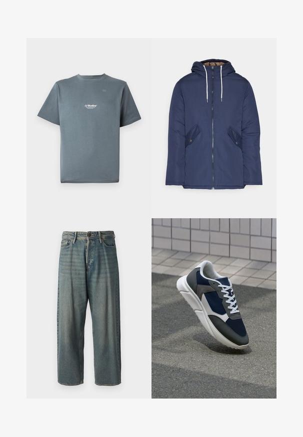 Námornícky modrá vystužená bunda s kapucňou, so zipsom vpredu, dvomi bočnými vreckami s gombíkmi a bielymi šnúrkami.; Šedé bavlnené tričko s okrúhlym výstrihom, krátkymi rukávmi a malým bielym logom "JJ Studios" na hrudníku. Hladká textúra a voľný strih.; Svetlomodré denimové nohavice so voľným strihom, stredne vysokým pásom a rovnými nohavicami. Obsahujú päť vreciek, pútka na opasok a zapínanie na gombík.; Tenisky s sieťovinou v námorníckej modrej farbe, so sivými semišovými detailmi, bielou gumovou podrážkou a plochými bielymi šnúrkami, navrhnuté pre pohodlie a priedušnosť.