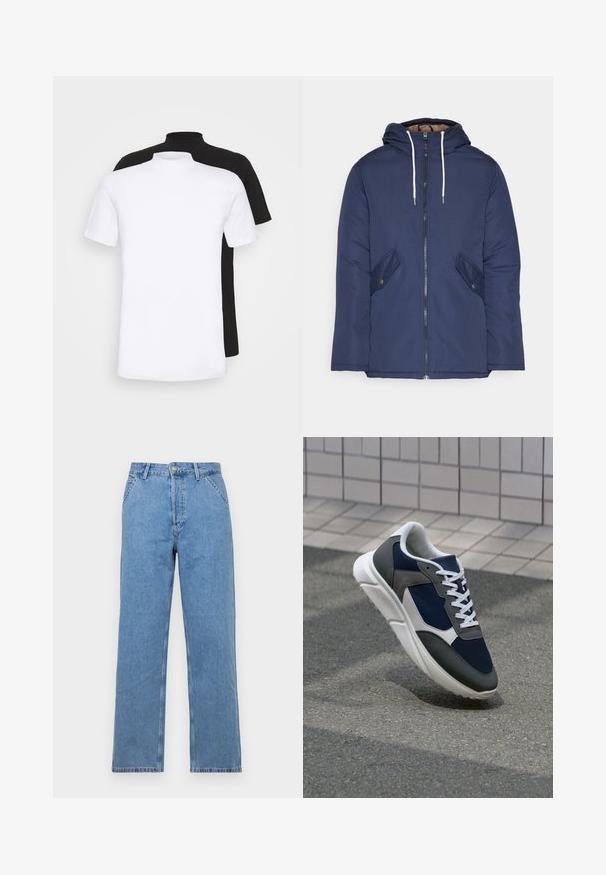 Tumesinine vahtkatseline jakk, millel on kapuuts, esilukk, kaks küljetaskut nupuga ja valged tõmblukud.; Kaks lühikeste varrukatega T-särki, üks valge ja teine must, millel on kõrge kaelaosa disain ja mis on valmistatud pehmest puuvillast materjalist.; Hele sinine denim sirgeded teod, klassikalise viie tasku disainiga, ees nupuga kinnitamine ja vööaugu lõiked. Sile tekstuur.; Sneaker, mille sinine võrkkangas, hallid nubukdetailid, valge kummitald ja lamedad valged paelad, disainitud mugavuseks ja hingavuseks.