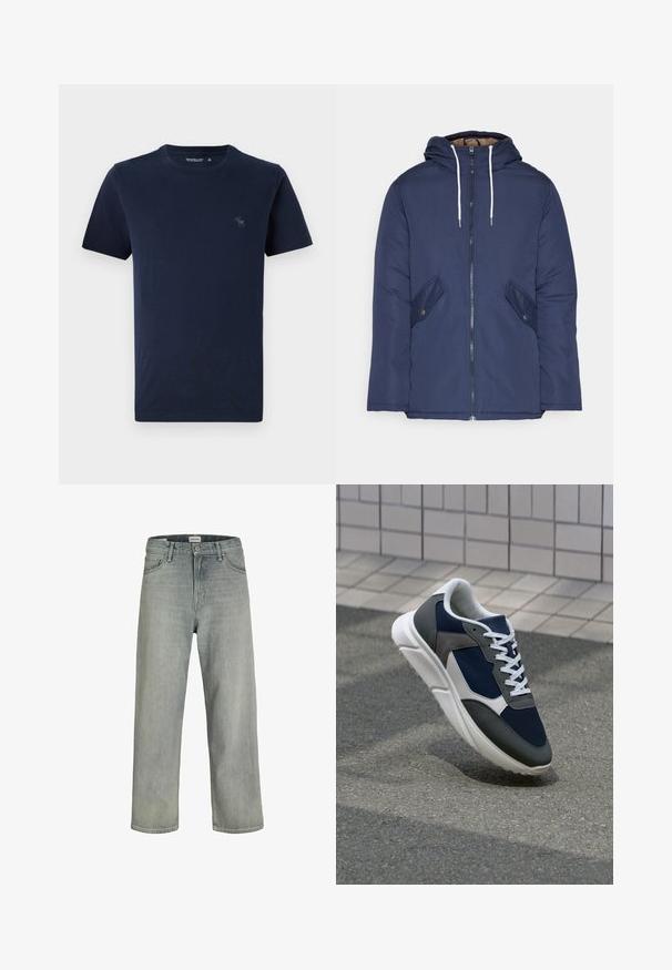 Marineblau gepadded Jacke mit Kapuze, ausgestattet mit einem Reißverschluss vorne, zwei seitlichen Taschen mit Knöpfen und weißen Kordeln.; Marineblaues Baumwoll-T-Shirt mit kurzen Ärmeln und Rundhalsausschnitt, versehen mit einem kleinen gestickten Hirsch-Logo auf der linken Brust. Glatte Textur.; Hellgraue, locker sitzende Jeans aus Denim. Verfügt über ein klassisches Fünf-Taschen-Design, Gürtelschlaufen und eine gerade Bein-Silhouette.; Sneaker mit einem Obermaterial aus navyblauem Mesh, grauen Wildlederelementen, einer weißen Gummisohle und flachen weißen Schnürsenkeln, entworfen für Komfort und Atmungsaktivität.