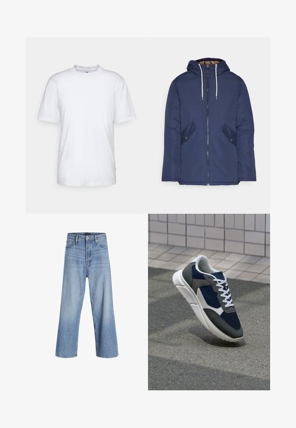 Námornícky modrá vystužená bunda s kapucňou, so zipsom vpredu, dvomi bočnými vreckami s gombíkmi a bielymi šnúrkami.; Biela bavlnená tričko s okrúhlym výstrihom, krátkymi rukávmi a rovnými okrajmi. Obsahuje malú značku na bočnom šve na ľavej strane.; Svetlo modré rifľové nohavice s širokými nohavicami a vysokým pásom, s gombíkovým zapínaním, dizajnom s piatimi vreckami a jemným vyblednutím. Čistý lem.; Tenisky s sieťovinou v námorníckej modrej farbe, so sivými semišovými detailmi, bielou gumovou podrážkou a plochými bielymi šnúrkami, navrhnuté pre pohodlie a priedušnosť.