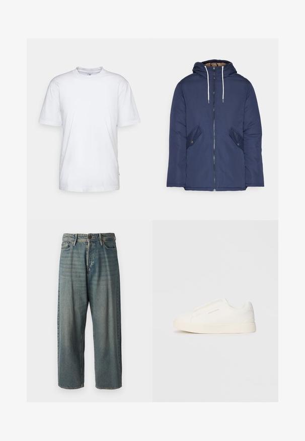 Giacca imbottita blu navy con cappuccio, dotata di zip frontale, due tasche laterali con bottoni e lacci bianchi.; T-shirt bianco in cotone con collo rotondo, maniche corte e orlo dritto. Presenta un piccolo etichetta del marchio sul lato sinistro.; Jeans di denim azzurro chiaro con vestibilità ampia, vita media e gambe dritte. Presenta cinque tasche, passanti per cintura e chiusura con bottone.; Sneakers bianchi slip-on con superficie texturizzata, suola spessa e design minimalista. Presentano il logo del marchio sul lato.