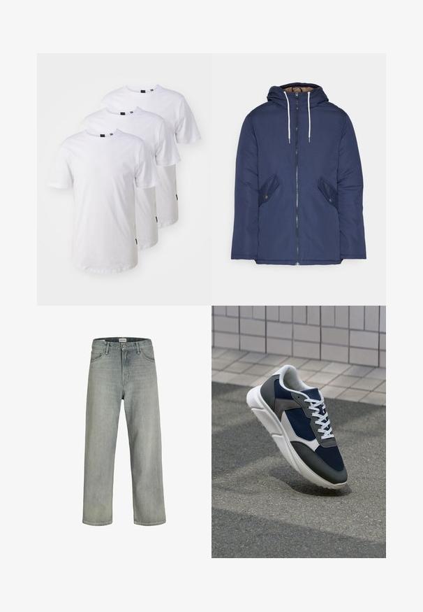 Marineblauwe gewatteerde jas met een capuchon, voorzien van een rits aan de voorkant, twee zijzakken met knopen en witte trekkoorden.; Drie eenvoudige witte katoenen t-shirts met korte mouwen, ronde hals en zwarte labels aan de onderrand. Klassieke pasvorm en gladde textuur.; Lichtgrijze, loszittende spijkerbroeken van denim. Beschikt over een klassiek vijf-pocket ontwerp, riemlussen en een rechte pijp silhoët.; Sneaker met een marineblauwe mesh bovenwerk, grijze suède accenten, witte rubberen zool en platte witte veters, ontworpen voor comfort en ademend vermogen.