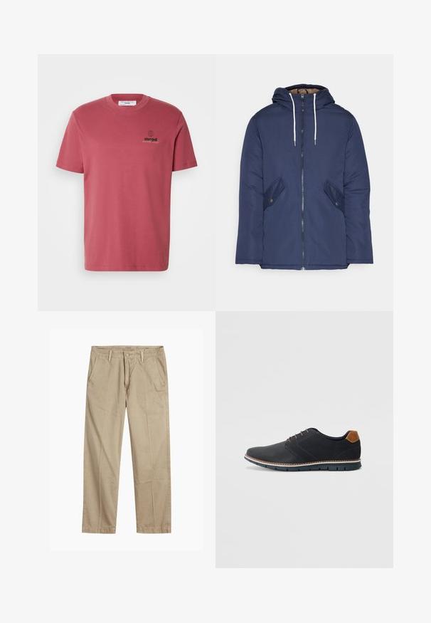 Námorně modrá prošívaná bunda s kapucí, která má přední zip, dvě boční kapsy s knoflíky a bílé šňůrky.; Krátký rukáv, tričko s kulatým výstřihem v tlumené růžové barvě, vyrobené z bavlny. Obsahuje malé černé logo globu a text na levé části hrudi.; Beige rovné chino kalhoty s poutky na opasek, zapínáním na přední knoflík a zip, a šikmými předními kapsami.; Černé syntetické boty s texturovaným svrškem, hladkými detaily, hnědým podpatkem a kontrastní podrážkou. Obsahují minimální šněrování a švy.