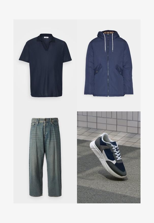 Jūrinė mėlyna pūkinė striukė su kapišonu, turinti priekinį užtrauktuką, dvi šonines kišenes su sagomis ir baltus raiščius.; Tamsiai mėlyna polo marškinėliai, pagaminti iš tekstūruoto, raukšlėto audinio, su V formos iškirpte ir trumpomis rankovėmis. Klasikinis apykaklė puošia stilių.; Šviesiai mėlyni džinsai su laisvu siluetu, vidutinio aukščio juosmeniu ir tiesiomis kojomis. Su penkiais kišenėmis, diržo kilpo ir mygtukų uždarymu.; Sportiniai bateliai su tamsiai mėlynu tinkliniu viršumi, pilkais zomšiniais akcentais, balta guma padanga ir plokščiomis baltomis raištelėmis, sukurti komfortui ir oro pralaidumui.