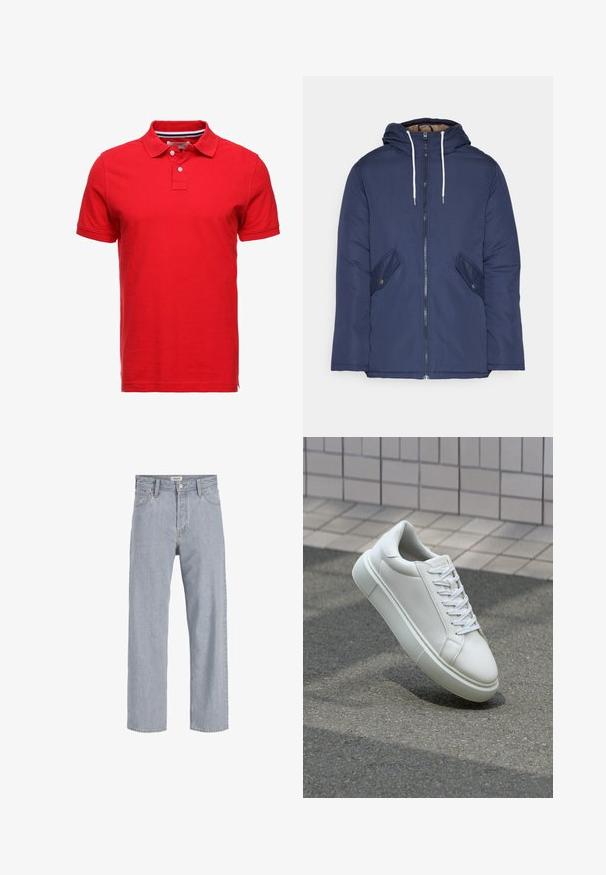 Marineblå polstret jakke med hette, med glidelås foran, to sidelommer med knapper og hvite snorer.; Rød bomullspolo med krage, med to knapper og stripete innerkrage. Kortermet og med standard passform.; Lyseblå denimbukser med avslappet passform, rett ben-design, synlige sømmer, to frontlommer og knappelukking.; Hvit lær sneaker med glatt overflate, rund tå og flate hvite snøringer. Har en teksturert gummisåle og minimale design elementer.