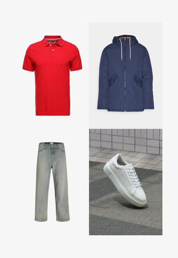 Námornícky modrá vystužená bunda s kapucňou, so zipsom vpredu, dvomi bočnými vreckami s gombíkmi a bielymi šnúrkami.; Červená bavlnená polo tričko s golierom, s dvoma gombíkmi a prúžkovaným vnútorným výstrihom. Krátke rukávy a štandardný strih.; Svetlošedé džíny vo voľnom strihu vyrobené z denimu. Obsahujú klasický dizajn s piatimi vreckami, pútka na opasok a strih rovného nohavice.; Biele kožené tenisky s hladkým povrchom, okrúhlym špičkou a plochými bielymi šnúrkami. Obsahuje štruktúrovanú gumovú podrážku a minimalistický dizajn.