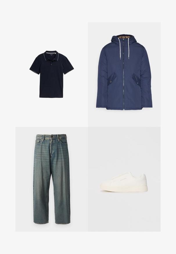 Tumesinine vahtkatseline jakk, millel on kapuuts, esilukk, kaks küljetaskut nupuga ja valged tõmblukud.; Tume sinine polo särk, mis on valmistatud puuvillast, klassikalise krae, kolme nupuga avaga ning kontrastsete heledate hallide äärtega krael ja varrukatel.; Heledad sinine denim-stiilis teksad, volüümse lõike, keskmise kõrgusega talje ja sirgete säärega. Omab viit taskut, vöökumme ja nööpide sulgemist.; Valged libisemiskindlad tossud tekstuuriga pinnaga, paksu tallaga ja minimalistikus disainis. Küljel on brändi logo.