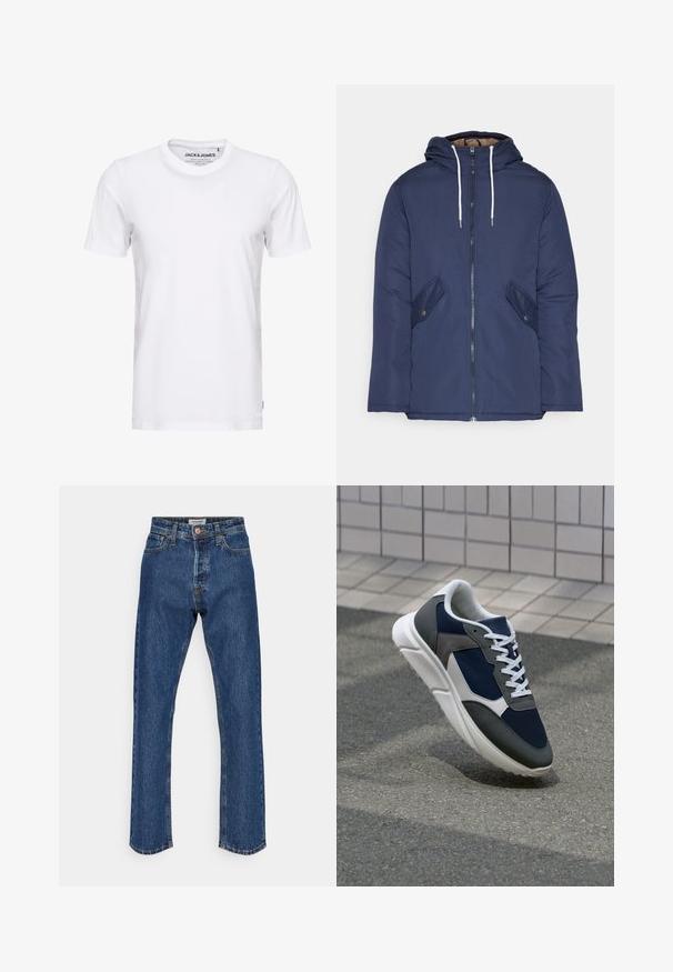 Marineblauwe gewatteerde jas met een capuchon, voorzien van een rits aan de voorkant, twee zijzakken met knopen en witte trekkoorden.; Witte korte mouwen t-shirt van katoen, met een ronde hals en een eenvoudig ontwerp. Merktag zichtbaar op het nekgebied. Geen patronen of accenten.; Donkerblauwe denim jeans met een hoge taille en rechte pijpen. Voorzien van een knoopsluiting, vijf zakken en contrasterende stiksels.; Sneaker met een marineblauwe mesh bovenwerk, grijze suède accenten, witte rubberen zool en platte witte veters, ontworpen voor comfort en ademend vermogen.
