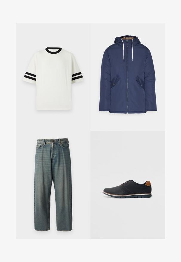 Navy blue padded jacket with a hood, featuring a front zipper, two side pockets with buttons, and white drawstrings.; White sports t-shirt with black ribbed crew neck and short sleeves featuring two black stripes on each sleeve. Smooth texture, loose fit.; Light blue denim jeans with a loose fit, mid-rise waist, and straight legs. Features five pockets, belt loops, and a button closure.; Black synthetic shoes with a textured upper, smooth accents, brown heel, and a contrasting sole. Features minimal lacing and stitch details.