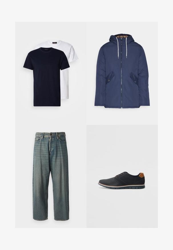 Jūrinė mėlyna pūkinė striukė su kapišonu, turinti priekinį užtrauktuką, dvi šonines kišenes su sagomis ir baltus raiščius.; Du dujinių medvilninių marškinėlių: vieni tamsiai mėlyni, kiti balti, abu su trumpomis rankovėmis ir apvaliu kaklu, lygia tekstūra ir be matomų raštų.; Šviesiai mėlyni džinsai su laisvu siluetu, vidutinio aukščio juosmeniu ir tiesiomis kojomis. Su penkiais kišenėmis, diržo kilpo ir mygtukų uždarymu.; Juodi sintetiniai batai su tekstūruotu paviršiumi, lygiomis detalėmis, ruda kulna ir kontrastingu padu. Yra minimalus raištelių užsidėjimas ir siuvimo detalės.