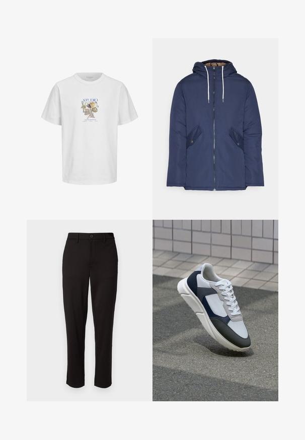 Tumesinine vahtkatseline jakk, millel on kapuuts, esilukk, kaks küljetaskut nupuga ja valged tõmblukud.; Valge puuvillane t-särk, millel on graafiline trükk, kus on kujutatud erinevaid puuvilju ja lehti, sinised ja pruunid aktsendid ning lühikesed varrukad.; Mustad mustad kerge kangaga püksid, sirge säärega, ees nupuga sulgemisega, vöökoha silmadega ja küljetaskutega.; Valge, mereväe sinine ja hall spordijalats, millel on segatud materjalide disain, tekstureeritud ülemine osa, lame pael ja pehme talla.