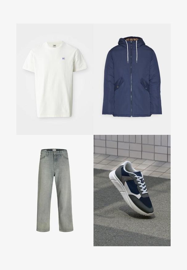 Navy blue padded jacket with a hood, featuring a front zipper, two side pockets with buttons, and white drawstrings.; White cotton T-shirt featuring a crew neck and short sleeves. Displays a small rectangular purple and blue Lee logo on the left chest.; Light gray, loose-fitting jeans made of denim. Features a classic five-pocket design, belt loops, and a straight leg silhouette.; Sneaker featuring a navy blue mesh upper, gray suede accents, white rubber sole, and flat white laces, designed for comfort and breathability.