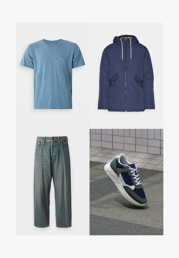 Navy blue padded jacket with a hood, featuring a front zipper, two side pockets with buttons, and white drawstrings.; Blue short-sleeve t-shirt made of soft, heathered fabric with a rounded neckline and a chest pocket; features a small red logo on the pocket.; Light blue denim jeans with a loose fit, mid-rise waist, and straight legs. Features five pockets, belt loops, and a button closure.; Sneaker featuring a navy blue mesh upper, gray suede accents, white rubber sole, and flat white laces, designed for comfort and breathability.