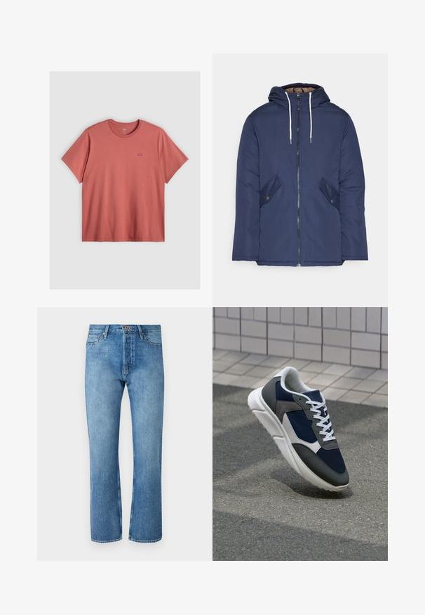 Námorně modrá prošívaná bunda s kapucí, která má přední zip, dvě boční kapsy s knoflíky a bílé šňůrky.; Tričko s krátkým rukávem ve vybledlé korálové barvě, vyrobené z bavlny, s kulatým výstřihem. Obsahuje malé červené logo Levi's na levé straně hrudníku.; Světlé modré džínové kalhoty s rovnými nohavicemi, které mají klasický pětikapsový design, zapínání na knoflík a kontrastní prošití.; Tenisky s horní částí z námornicky modré síťoviny, šedými semišovými akcenty, bílou gumovou podrážkou a plochými bílými tkaničkami, navržené pro pohodlí a prodyšnost.