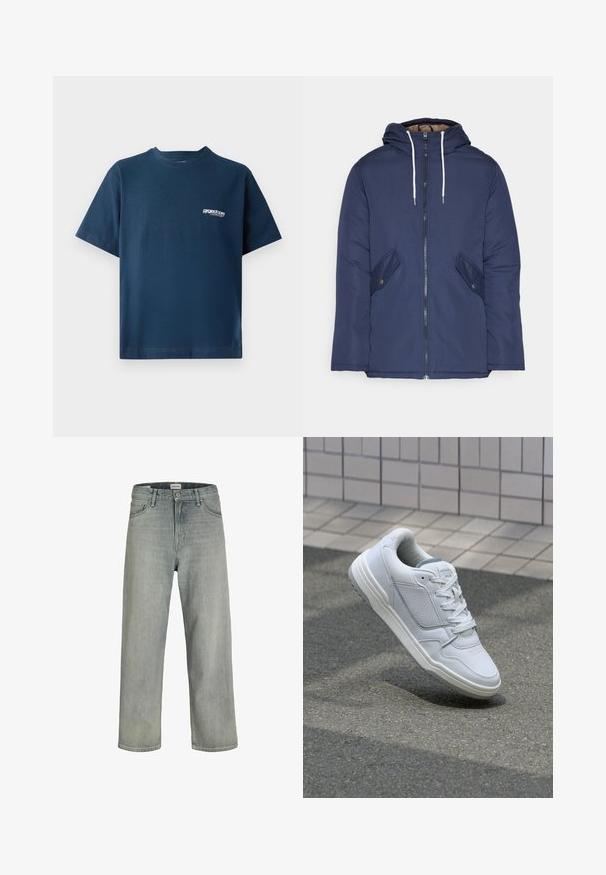 Tumesinine vahtkatseline jakk, millel on kapuuts, esilukk, kaks küljetaskut nupuga ja valged tõmblukud.; Tumed sinine puuvillane t-särk lühikeste varrukatega ja ümmarguse kaelusega. Vasakul rinnal on väike valge logo. Pehme tekstuur.; Heledad hallhallid, laia lõikega denimist teksased. Omavad klassikalist viie tasku disaini, vööloopse ja sirget säärelõiget.; Valge nahkne toss, millel on perforeeritud külgedega, tekstuuriga aktsendid, lame pael ja kontrastne hall konts. Omab veidi tõstetud tallat.