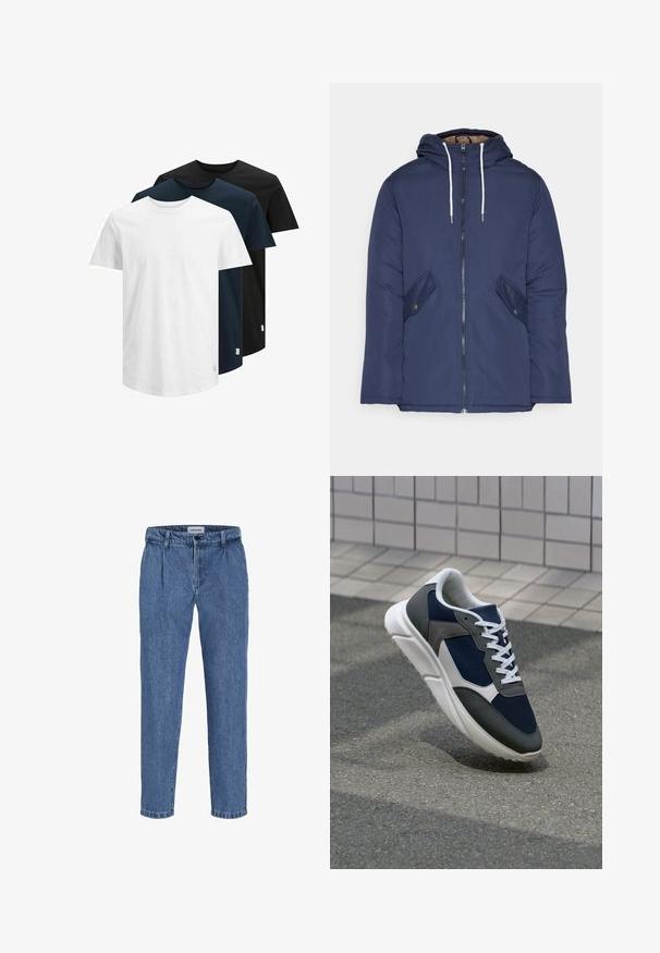 Marineblau gepadded Jacke mit Kapuze, ausgestattet mit einem Reißverschluss vorne, zwei seitlichen Taschen mit Knöpfen und weißen Kordeln.; Drei kurzärmelige T-Shirts in Weiß, Dunkelblau und Schwarz. Hergestellt aus Baumwolle, mit Rundhalsausschnitt und geradem Saum. Einfaches Design, ohne Muster.; Hellblaues Denim-Hosen mit einer lockeren Passform, hohem Bund, zwei vorderen Falten und einem gekrempelten Saum. Einfache Knopf- und Reißverschlussöffnung.; Sneaker mit einem Obermaterial aus navyblauem Mesh, grauen Wildlederelementen, einer weißen Gummisohle und flachen weißen Schnürsenkeln, entworfen für Komfort und Atmungsaktivität.