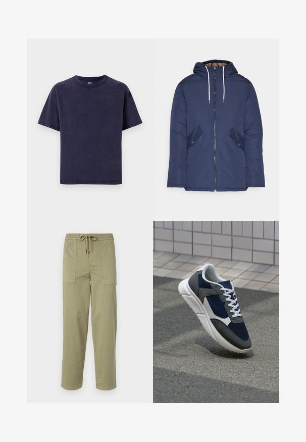 Chaqueta acolchada de color azul marino con capucha, cuenta con un cierre frontal de cremallera, dos bolsillos laterales con botones y cordones blancos.; Camiseta de algodón azul marino con cuello redondo, mangas cortas y un corte relajado. Presenta un color sólido sin patrones o acentos visibles.; Pantalones verde oliva claro hechos de una mezcla de algodón, con una cinturilla elástica y cordón, y dos grandes bolsillos laterales.; Zapatillas con una parte superior de malla azul marino, detalles en gamuza gris, suela de goma blanca y cordones blancos planos, diseñadas para la comodidad y transpirabilidad.
