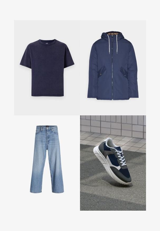 Námornícky modrá vystužená bunda s kapucňou, so zipsom vpredu, dvomi bočnými vreckami s gombíkmi a bielymi šnúrkami.; Námornícky modré bavlnené tričko s okrúhlym výstrihom, krátkymi rukávmi a voľným strihom. Má jednoliatu farbu a žiadne viditeľné vzory alebo akcenty.; Svetlo modré rifľové nohavice s širokými nohavicami a vysokým pásom, s gombíkovým zapínaním, dizajnom s piatimi vreckami a jemným vyblednutím. Čistý lem.; Tenisky s sieťovinou v námorníckej modrej farbe, so sivými semišovými detailmi, bielou gumovou podrážkou a plochými bielymi šnúrkami, navrhnuté pre pohodlie a priedušnosť.