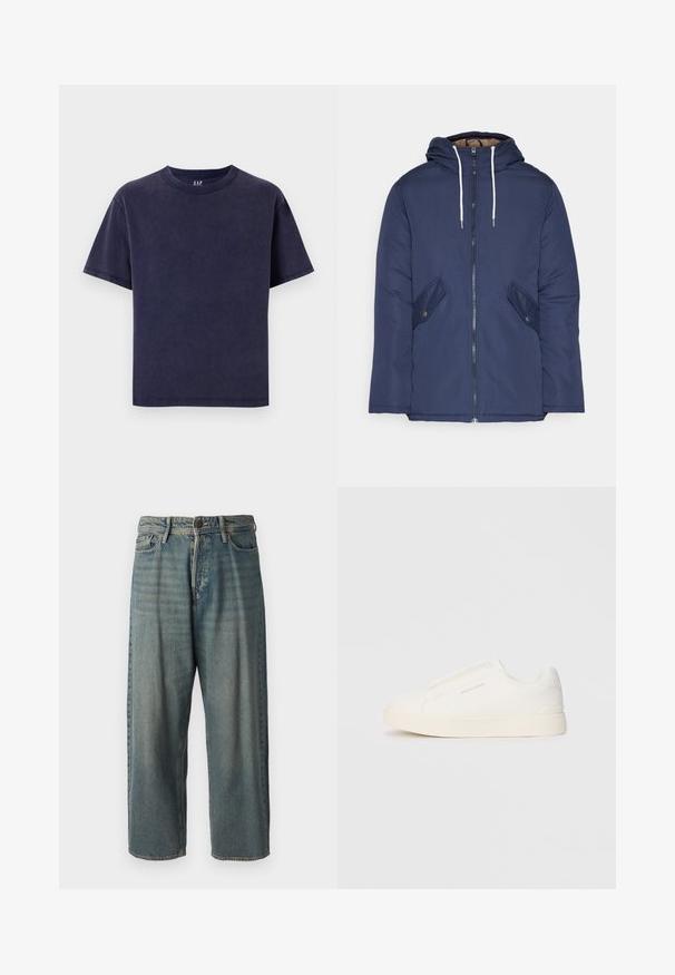 Navy blue padded jacket with a hood, featuring a front zipper, two side pockets with buttons, and white drawstrings.; Navy cotton T-shirt with a crew neckline, short sleeves, and a relaxed fit. Features a solid color and no visible patterns or accents.; Light blue denim jeans with a loose fit, mid-rise waist, and straight legs. Features five pockets, belt loops, and a button closure.; White slip-on sneakers with a textured surface, a thick sole, and minimalistic design. Features brand logo on the side.