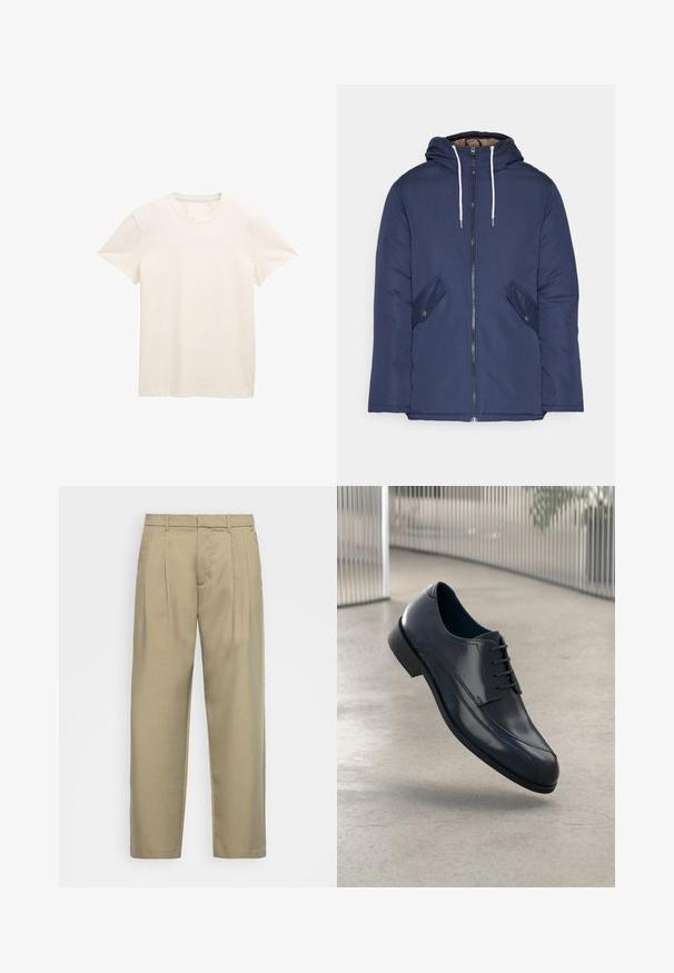 Chaqueta acolchada de color azul marino con capucha, cuenta con un cierre frontal de cremallera, dos bolsillos laterales con botones y cordones blancos.; Camiseta de algodón color crema con mangas cortas, un escote redondo y una tela ligeramente texturizada. Sin patrones ni gráficos visibles.; Pantalones beige de cintura alta con corte recto, con frente plano, bolsillos laterales y una tela suave y texturizada.; Zapato de vestir de cuero negro brillante con cordones, flotando sobre un suelo liso de color gris claro y con barras metálicas verticales en el fondo.