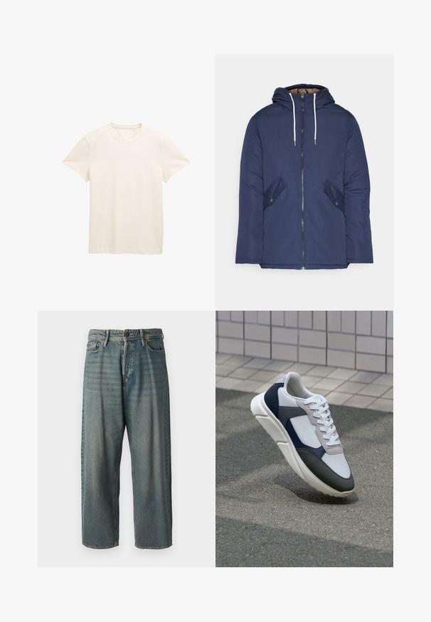 Jachetă căptușită bleu marin cu glugă, având un fermoar frontal, două buzunare laterale cu nasturi și șnururi albe.; Tricou din bumbac de culoare crem, cu mâneci scurte, guler rotund și o țesătură ușor texturată. Fără modele sau grafică vizibile.; Jeans din denim bleu deschis, cu o croială lejeră, talie medie și picioare drepte. Au cinci buzunare, bucle pentru curea și închidere cu nasture.; Tenisi albi, bleumarin și gri, cu un design din materiale mixte, având un superior texturat, șireturi plate și o talpă căptușită.
