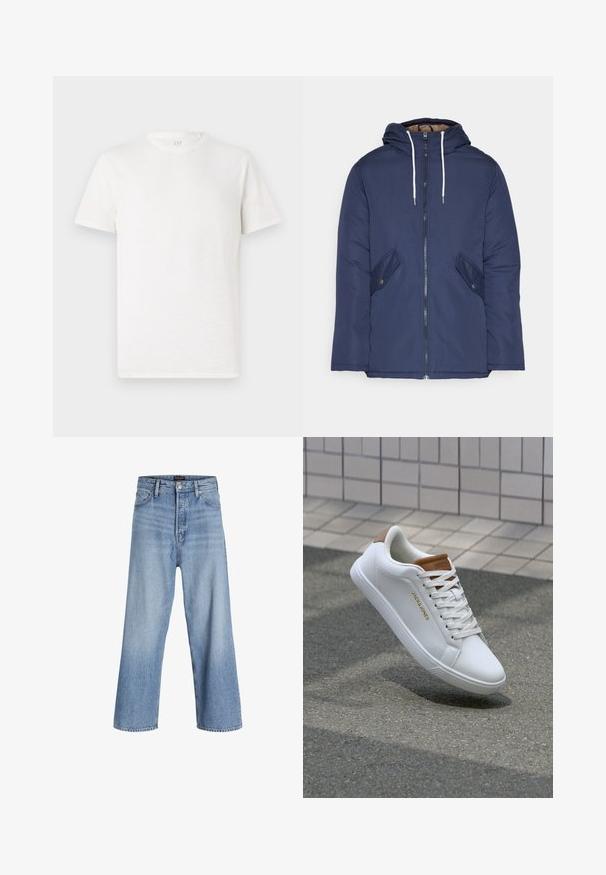 Mornarsko modra podložena jakna s kapuco, ki ima sprednji zadrgo, dva stranska žepa s gumbi in bele vrvice.; T-maica s kratkimi rokavi in okroglo ovratnikom v off-white barvi, izdelana iz mešanice mehkega bombaža z rahlo teksturirano površino, brez vidnih vzorcev ali akcentov.; Svijetloplavi traper širokih nogavica s visokim strukom, s kopčanjem na dugme, dizajnom od pet džepova i suptilnim izbljeđivanjem. Čiste završne obrube.; Bele čevlje iz usnja s gladko teksturo, rjav poudarek na peti, zlati logo ob strani in gumijast podplat z teksturirano zadrgo.