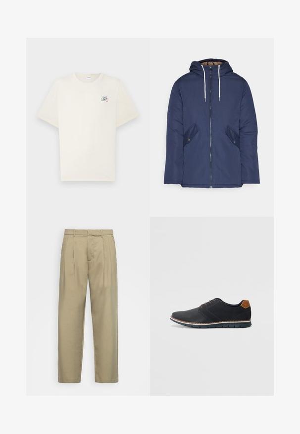 Námorně modrá prošívaná bunda s kapucí, která má přední zip, dvě boční kapsy s knoflíky a bílé šňůrky.; Krémový bavlněný tričko s krátkými rukávy, s malou barevnou grafikou bicyklu na levé hrudi.; Beige kalhoty s vysokým pasem a rovnýmlíčkem, s plochým předním dílem, bočními kapsami a hladkým, strukturovaným materiálem.; Černé syntetické boty s texturovaným svrškem, hladkými detaily, hnědým podpatkem a kontrastní podrážkou. Obsahují minimální šněrování a švy.