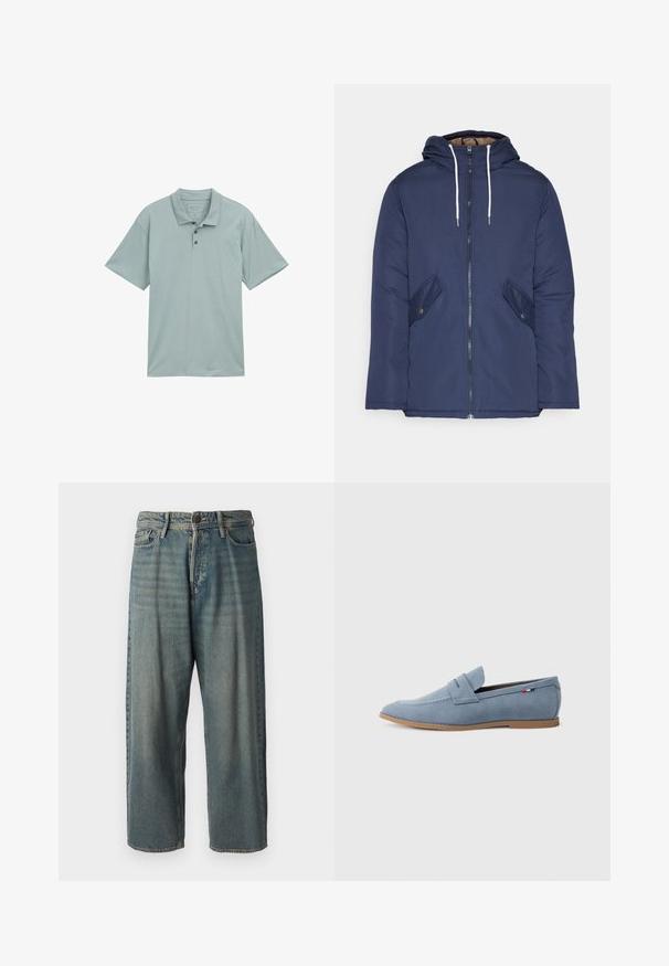 Sötétkék bélelt dzseki kapucnival, elülső cipzárral, két oldalsó zsebbel gombokkal és fehér húzózsinórokkal.; Világos türkiz pólóing, puha anyagból készült, klasszikus gallérral, rövid ujjakkal, három gombbal és mintáktól mentes, egyszerű dizájnnal.; Világoskék farmernadrág, laza fazonnal, közepes derékbőséggel és egyenes szárral. Öt zsebet, övbucskát és gombos záródást tartalmaz.; Világoskék velúr mokaszin sima textúrával, díszöltéssel és barna gumitalppal. A felső részen pennydíjas kialakítás található.