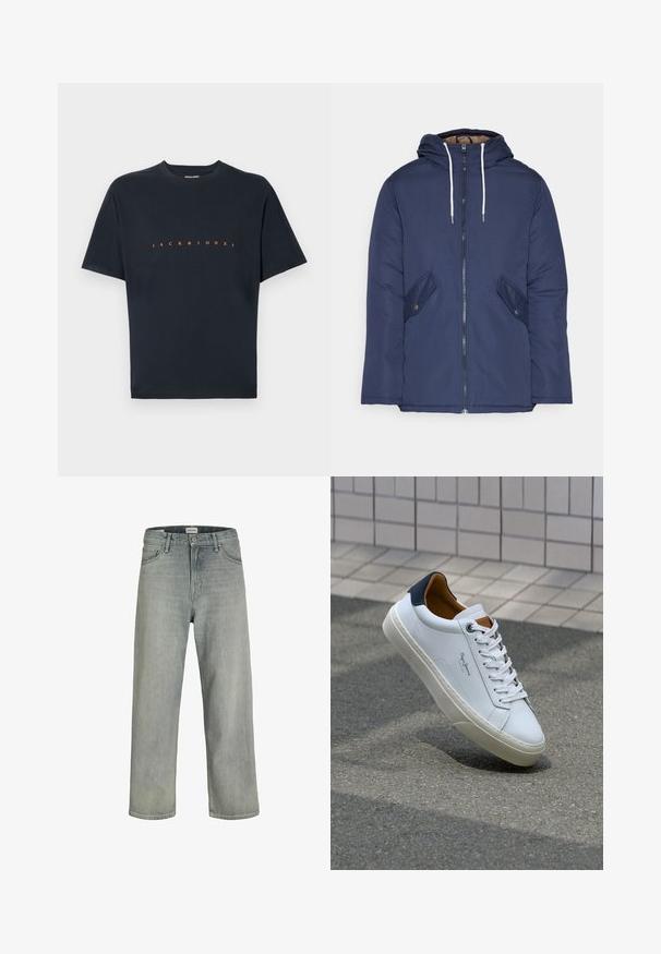 Sötétkék bélelt dzseki kapucnival, elülső cipzárral, két oldalsó zsebbel gombokkal és fehér húzózsinórokkal.; Fekete pamut póló rövid ujjakkal és kerek nyakkal. Elején "JACK & JONES" felirat látható élénk narancssárga betűtípussal. Sima textúra.; Világosszürke, laza szabású farmernadrág. Klasszikus öt zsebes dizájn, övhurkok és egyenes szárú fazon jellemzi.; Fehér bőr sneaker sötétkék sarkúval, kerek orral és kontrasztos barna részletekkel. Lapított fűzőkkel és textúrált gumitalppal rendelkezik.