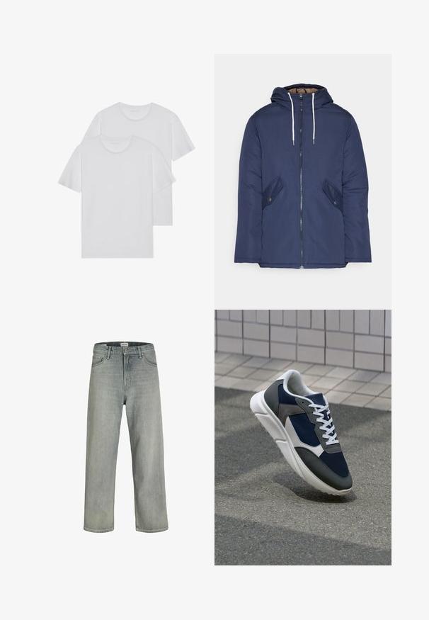 Tumesinine vahtkatseline jakk, millel on kapuuts, esilukk, kaks küljetaskut nupuga ja valged tõmblukud.; Kaks valget puuvillast t-särki ümmarguse kaelusega, lühikeste varrukatega ja pehme tekstuuriga. Mõlemad särgid on ühetoonilised ja ilma nähtavate mustrite või detailideta.; Heledad hallhallid, laia lõikega denimist teksased. Omavad klassikalist viie tasku disaini, vööloopse ja sirget säärelõiget.; Sneaker, mille sinine võrkkangas, hallid nubukdetailid, valge kummitald ja lamedad valged paelad, disainitud mugavuseks ja hingavuseks.