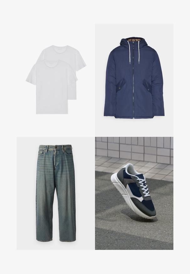Námornícky modrá vystužená bunda s kapucňou, so zipsom vpredu, dvomi bočnými vreckami s gombíkmi a bielymi šnúrkami.; Dvé biele bavlnené tričká s okrúhlym výstrihom, krátkymi rukávmi a jemnou textúrou. Obe majú jednoliatu farbu a žiadne viditeľné vzory ani kovanie.; Svetlomodré denimové nohavice so voľným strihom, stredne vysokým pásom a rovnými nohavicami. Obsahujú päť vreciek, pútka na opasok a zapínanie na gombík.; Tenisky s sieťovinou v námorníckej modrej farbe, so sivými semišovými detailmi, bielou gumovou podrážkou a plochými bielymi šnúrkami, navrhnuté pre pohodlie a priedušnosť.
