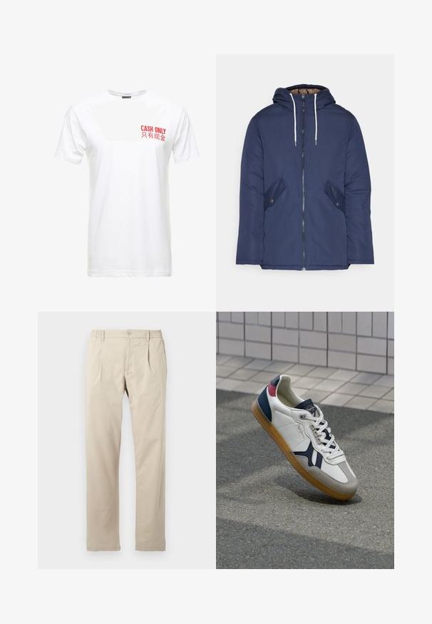 Jūras zila pufīgā jaka ar kapuci, kas aprīkota ar priekšējo rāvējslēdzēju, divām sānu kabatām ar pogām un baltiem aukliņām.; Balta kokvilnas T-krekli ar īsām piedurknēm, uz kreisā krūts uzdrukāti sarkani burti "CASH ONLY" un tā ķīniešu ekvivalents.; Gai bēšas bikses, kas izgatavotas no kokvilnas, ar brīvu piegriezumu, elastīgu jostu, priekšējo pogu aizdari un taisnām kājām.; Baltas ādas sneakeris ar tumši ziliem, sarkaniem un pelēkiem akcentiem. Ietver gumijas zoli, auklu aizdari priekšā un plakanu dizainu daudzpusībai.