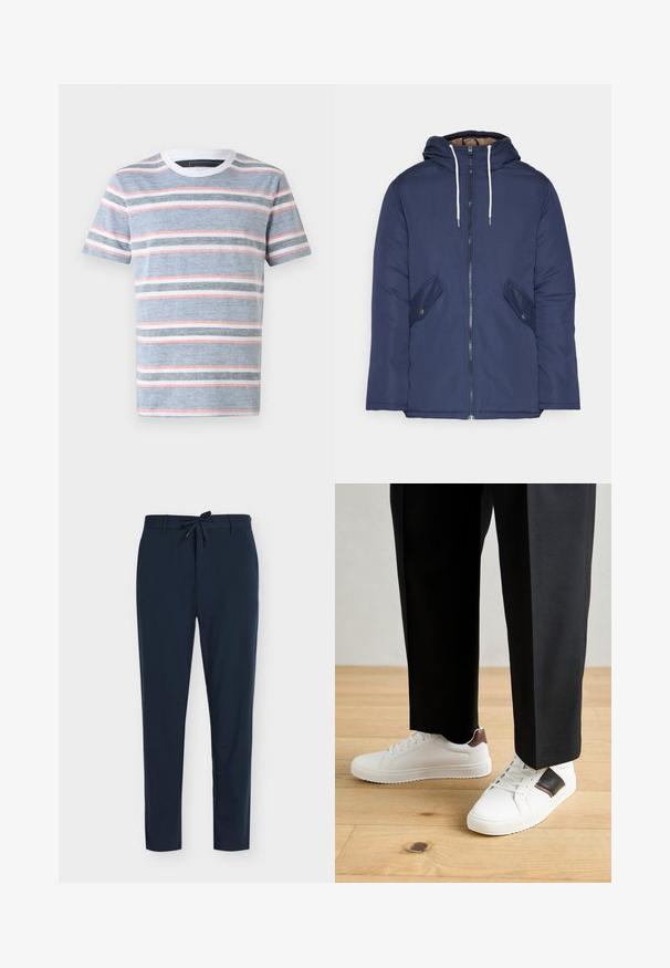 Marineblå polstret jakke med hette, med glidelås foran, to sidelommer med knapper og hvite snorer.; Stripet t-skjorte i blå, med horisontale striper i hvit, grå og rosa. Rund hals og korte ermer, laget av lett materiale.; Marineblå bukser laget av glatt stoff med snor i livet, med vertikalt stripemønster og innsnevret bendesign.; Hvite sneakers med glatt tekstur, med brune skinnakenter og svart detaljer, parret med svarte skreddersydde bukser. Bakgrunn med tregulv.