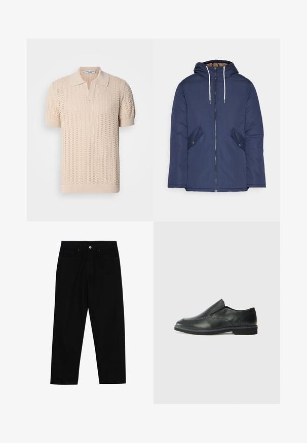 Námornícky modrá vystužená bunda s kapucňou, so zipsom vpredu, dvomi bočnými vreckami s gombíkmi a bielymi šnúrkami.; Béžová pletená polo košeľa s krátkymi rukávmi, ktorá má textúrovaný vzor s otvorenou prácou a klasický golier. Mäkká tkanina a rebrované manžety.; Čierne denimmové nohavice s rovný strihom, dizajnom s piatimi vreckami a upínaním na prednej strane. Hladká textúra s minimálnymi detailmi šitia.; Čierny kožený nazúvací topánka s hladkým zvrškom, prešitými akcentmi, zaoblenou špičkou a nízkym gumovým podpätkom. Podošva má minimálny dezén.