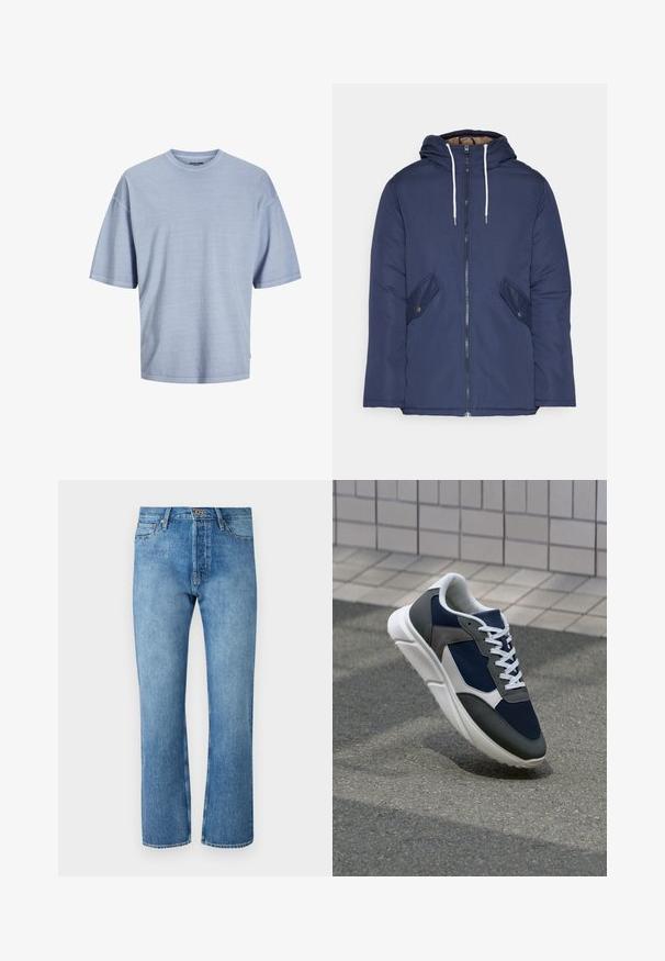 Jachetă căptușită bleu marin cu glugă, având un fermoar frontal, două buzunare laterale cu nasturi și șnururi albe.; Tricou din material moale, cu mânecă scurtă, de culoare albastru deschis. Are un guler rotund și un croi lejer, cu tivuri cusute. Design simplu, fără modele.; Jeans din denim albastru deschis cu un sistem de tăiere dreaptă, având un design clasic cu cinci buzunare, închidere cu nasture și cusături contrastante.; Adidași cu un uppers din plasă albastră închisă, accente din suede gri, talpă din cauciuc alb și șireturi plate albe, concepuți pentru confort și respirabilitate.